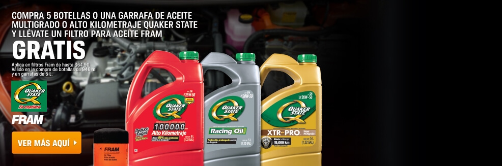 COMPRA 5 BOTELLAS O UNA GARRAFA DE ACEITE MULTIGRADO O ALTO KILOMETRAJE QUAKER STATE Y LLÉVATE UN FILTRO PARA ACEITE FRAM GRATIS